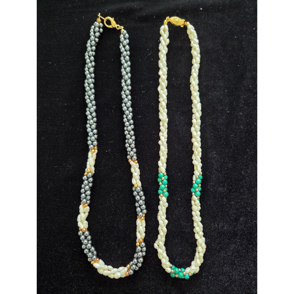 Vintage Twisted Beaded Necklace Set Hematite White Pearl Turquoise 17.5 Inch